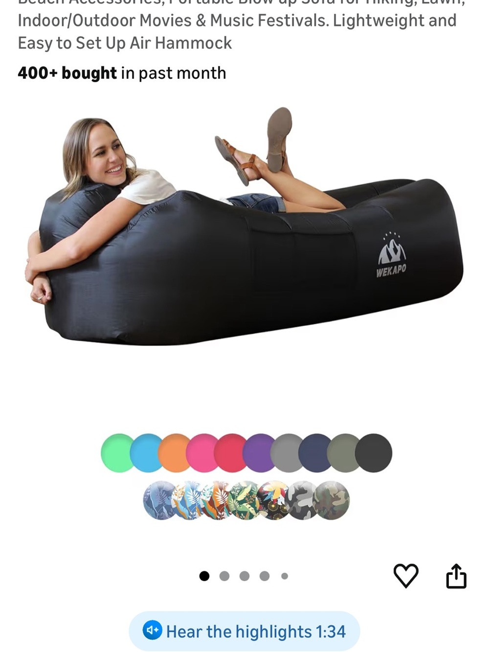 Black Inflatable Air Lounger Sofa - Portable Outdoor Hammock